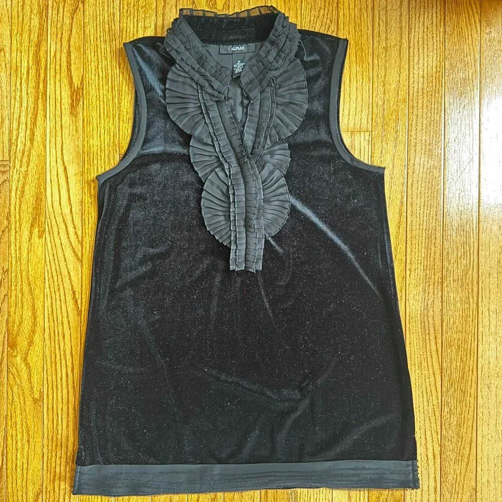 Alfani Black Sleeveless Velvet Tunic, Ruffled Placket & Stand Collar, Size M - Picture 1 of 7